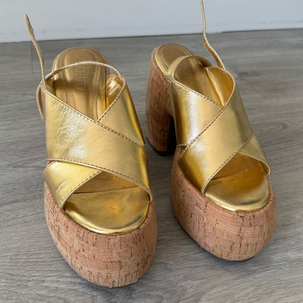 Schutz Gold Metallic Leather Sandal